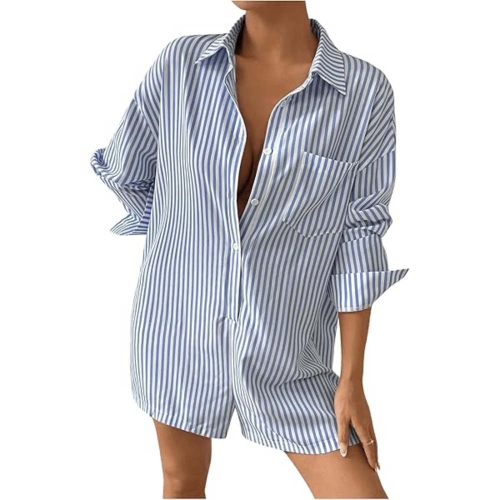 Blue and White Striped Button-Up Shirt Romper